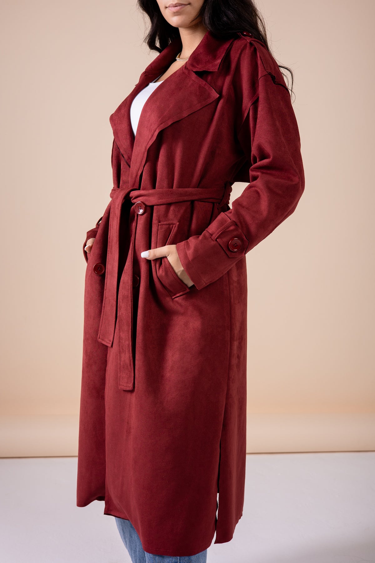 Suede manteau in maroon
