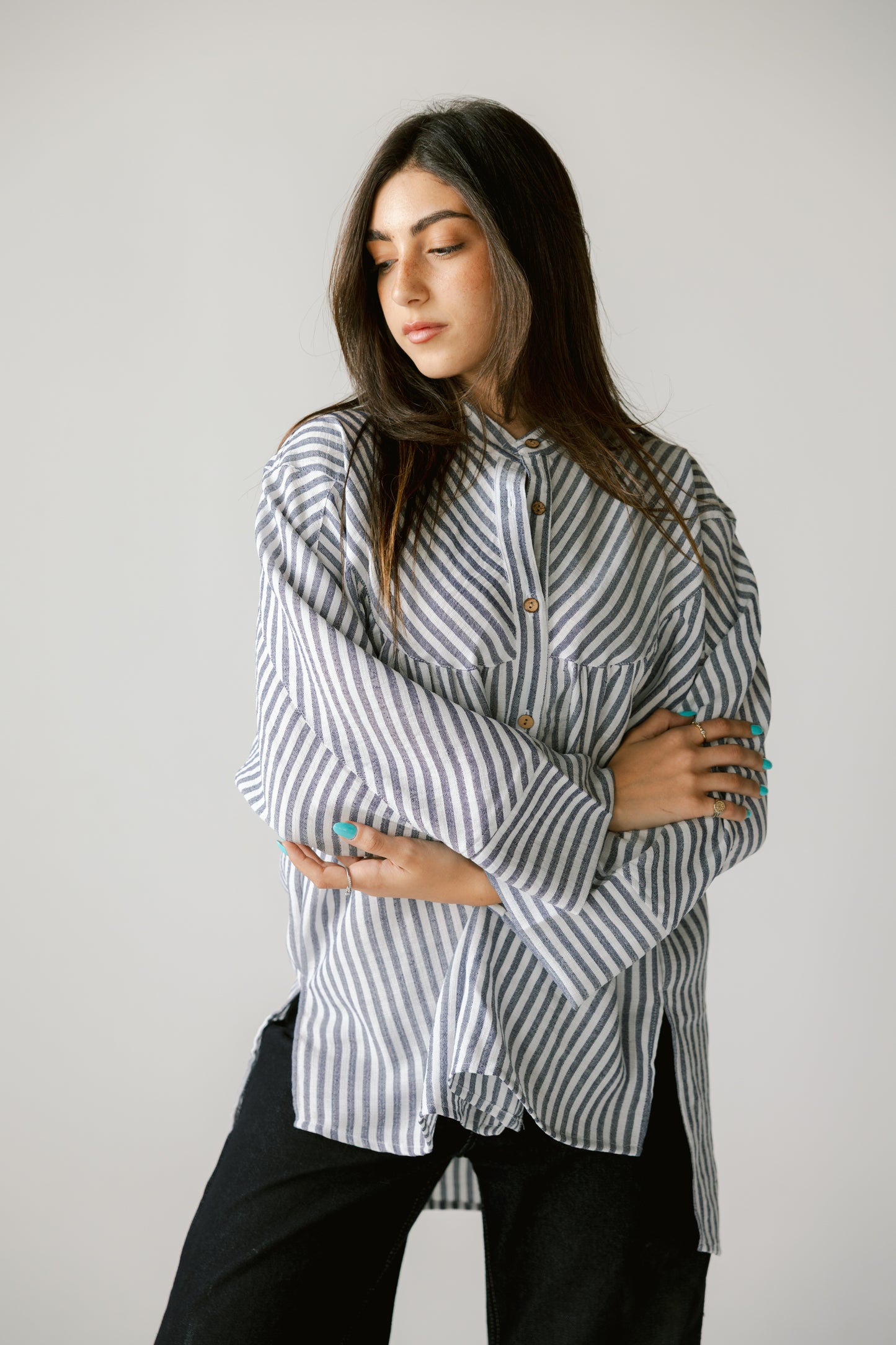 wooden button striped shirt