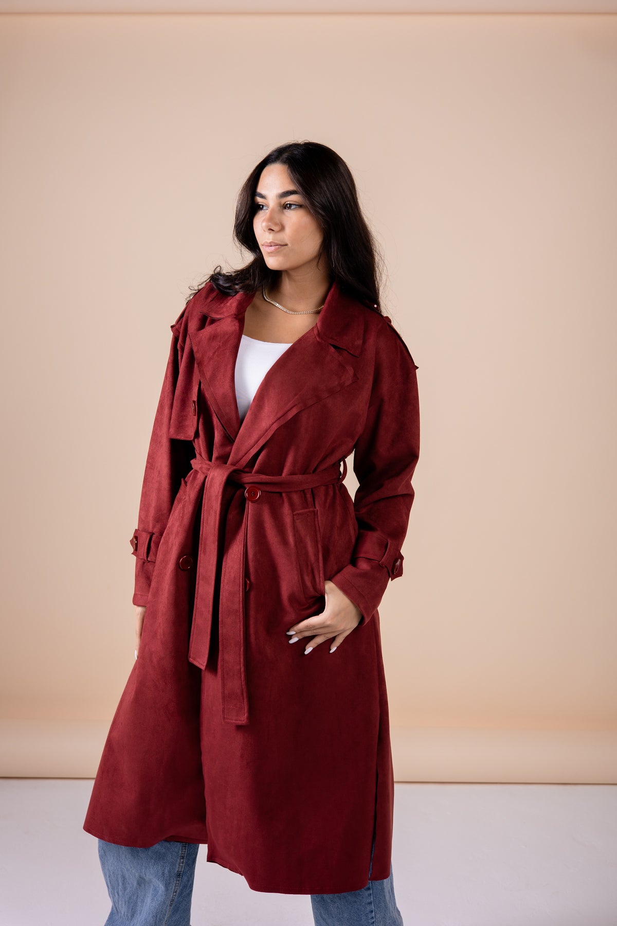 Suede manteau in maroon