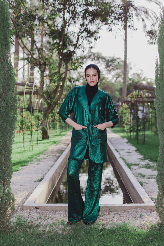 Shimmer blazer set in green