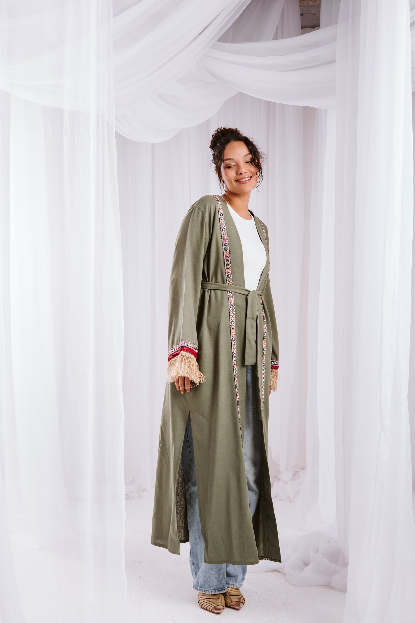Fringe kaftan in olive