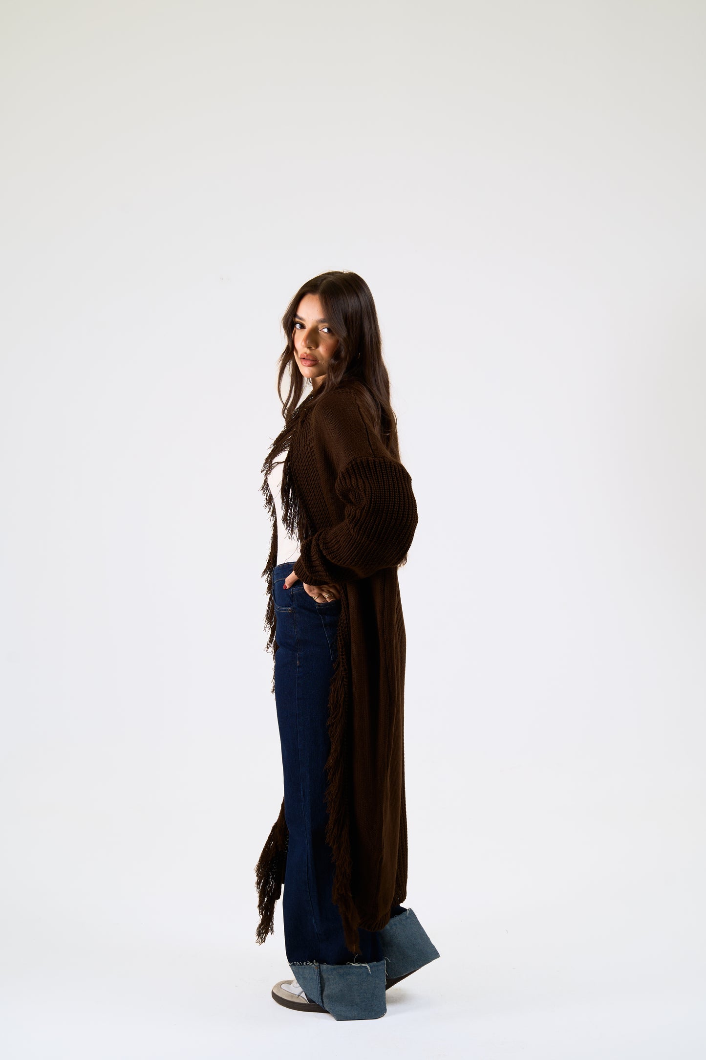 Free Spirit Fringe Cardigan in brown