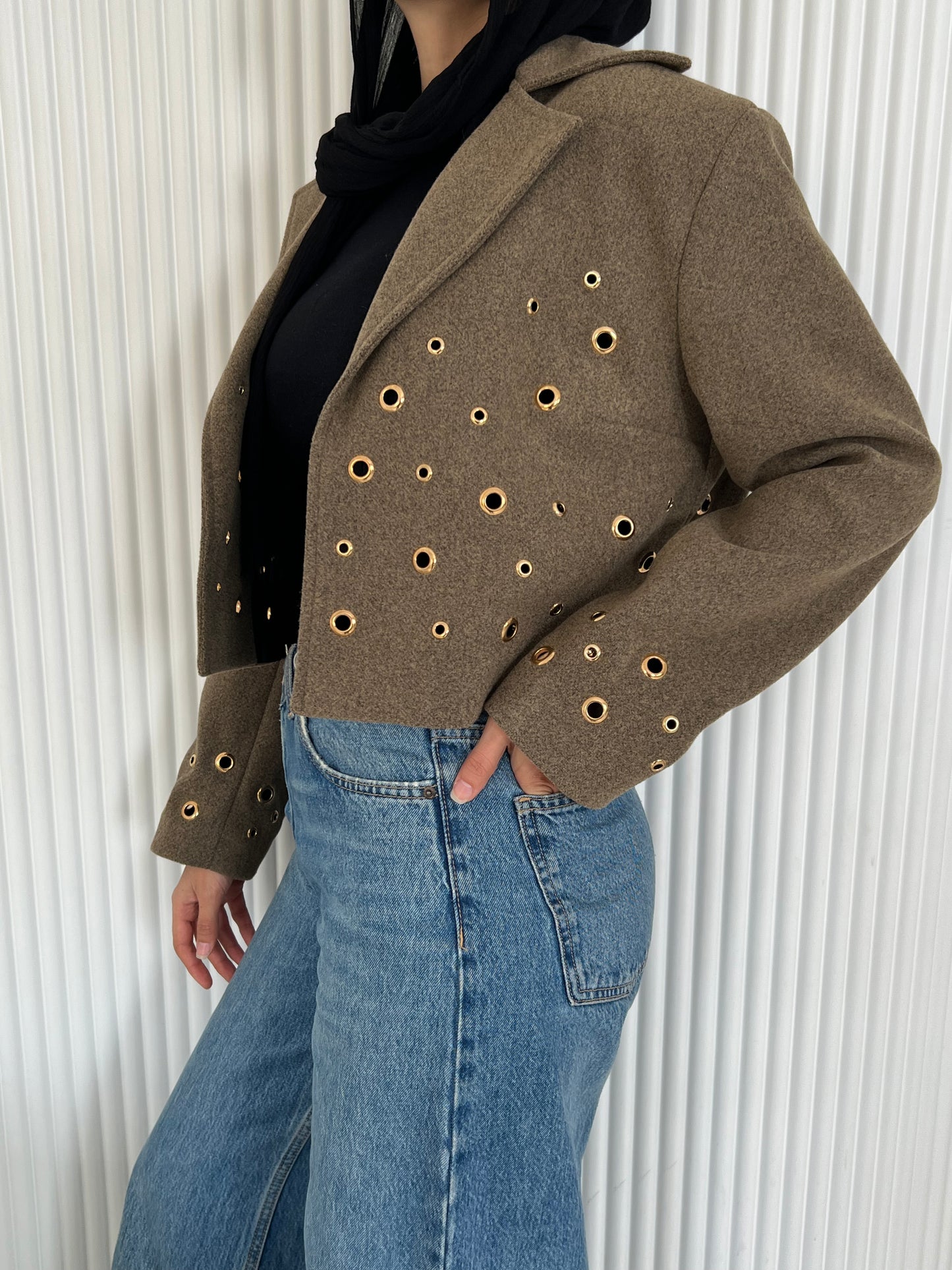 Pierced wool jacket in cafe