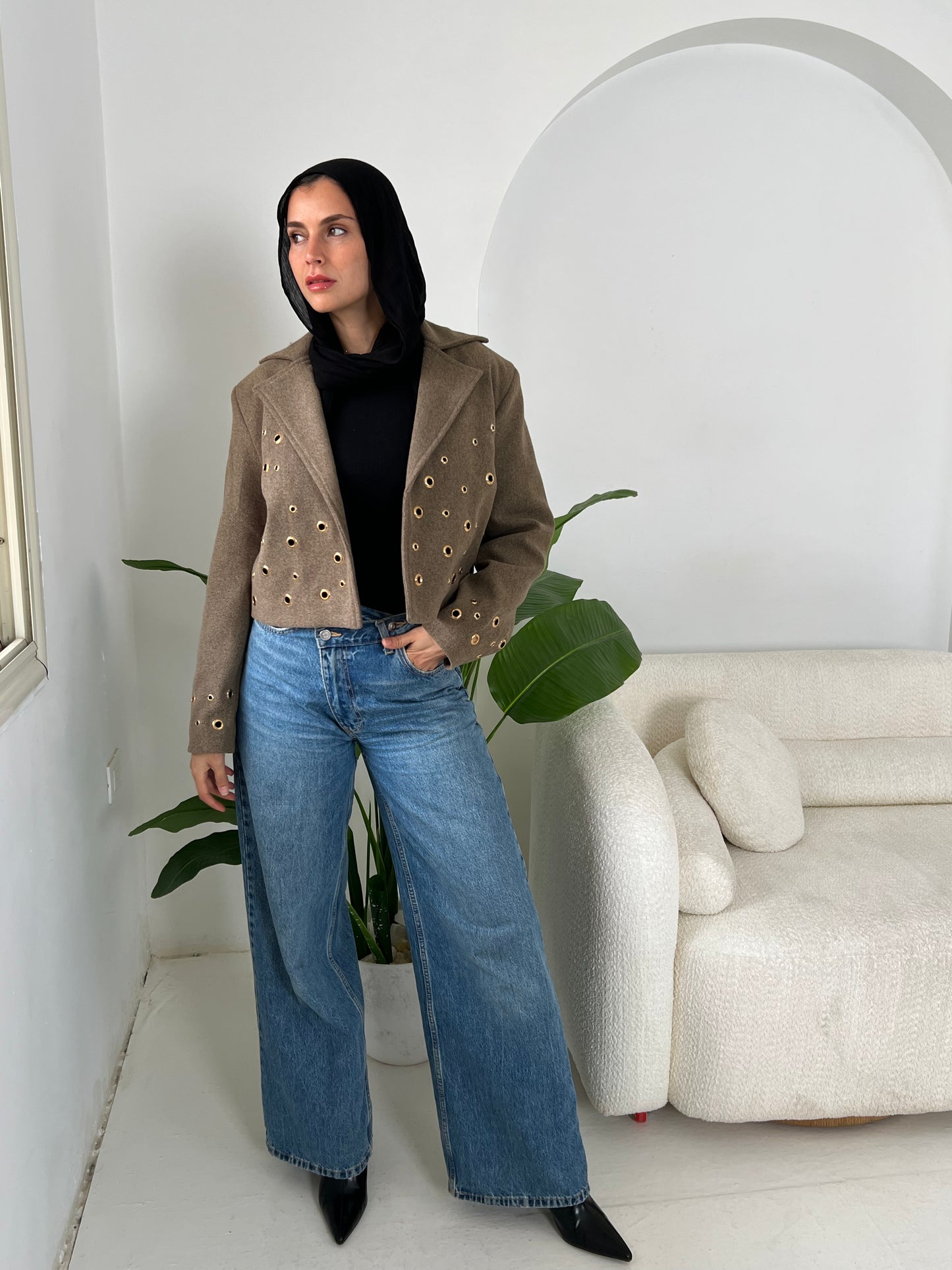 Pierced wool jacket in cafe