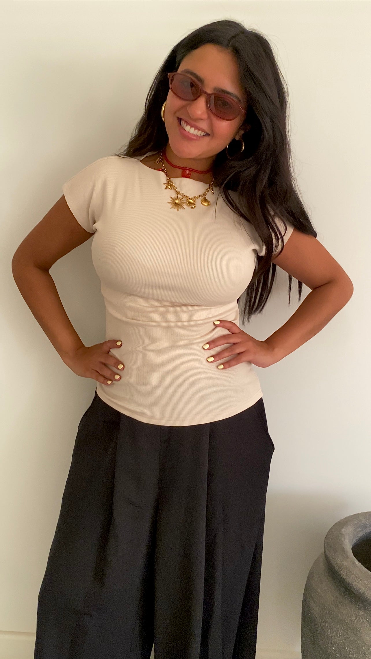 Slim rib top in Beige
