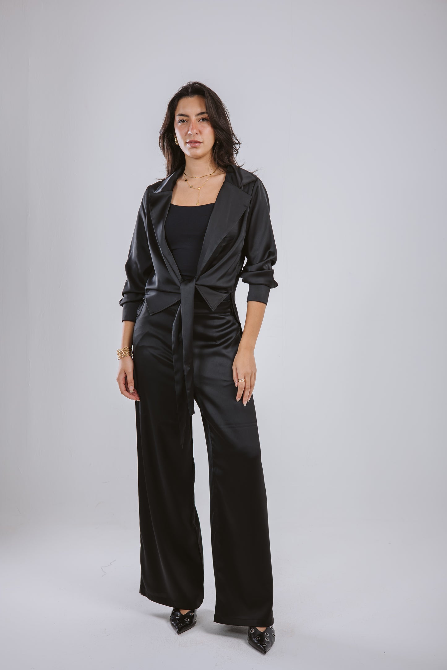 Wrap Satin Set in Black