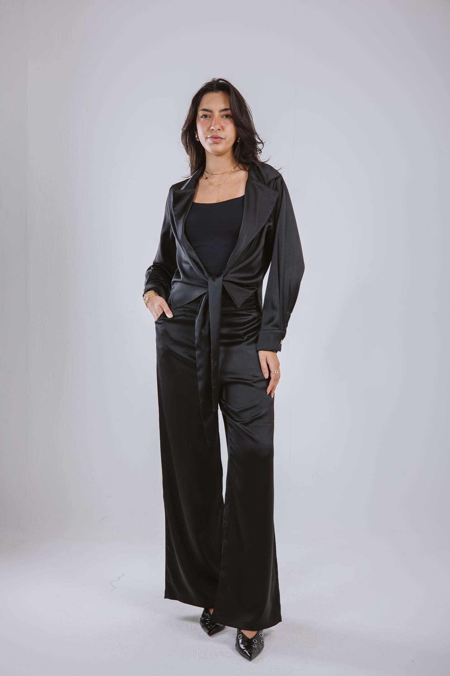 Wrap Satin Set in Black