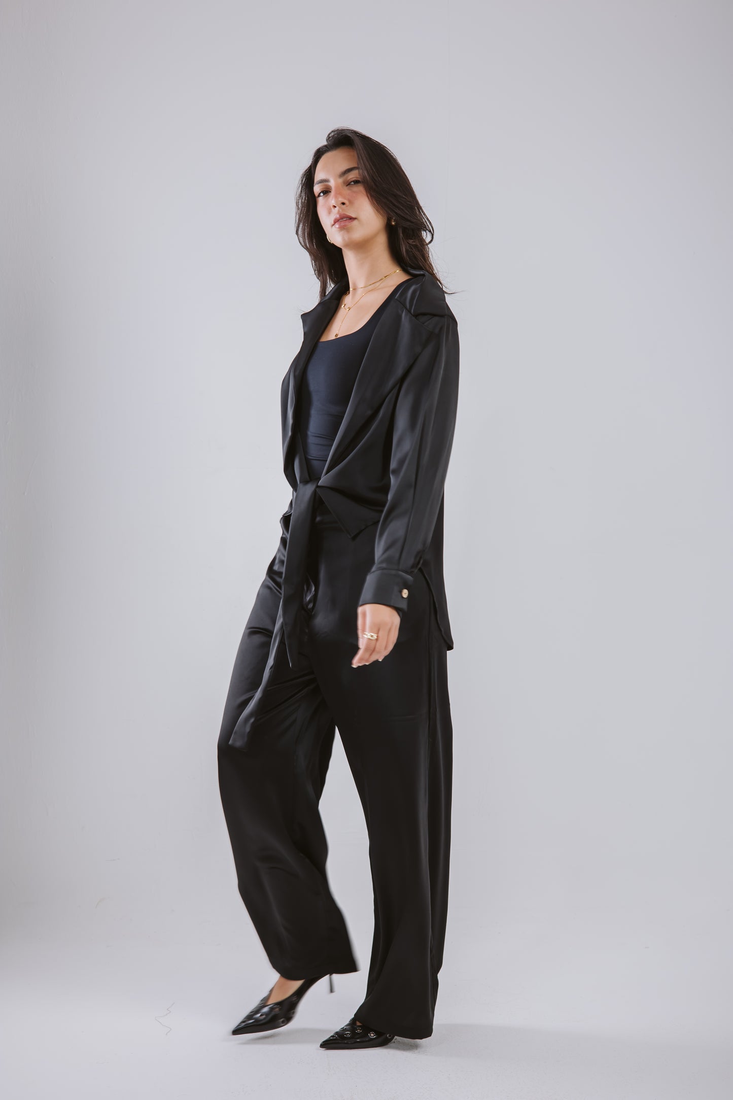 Wrap Satin Set in Black