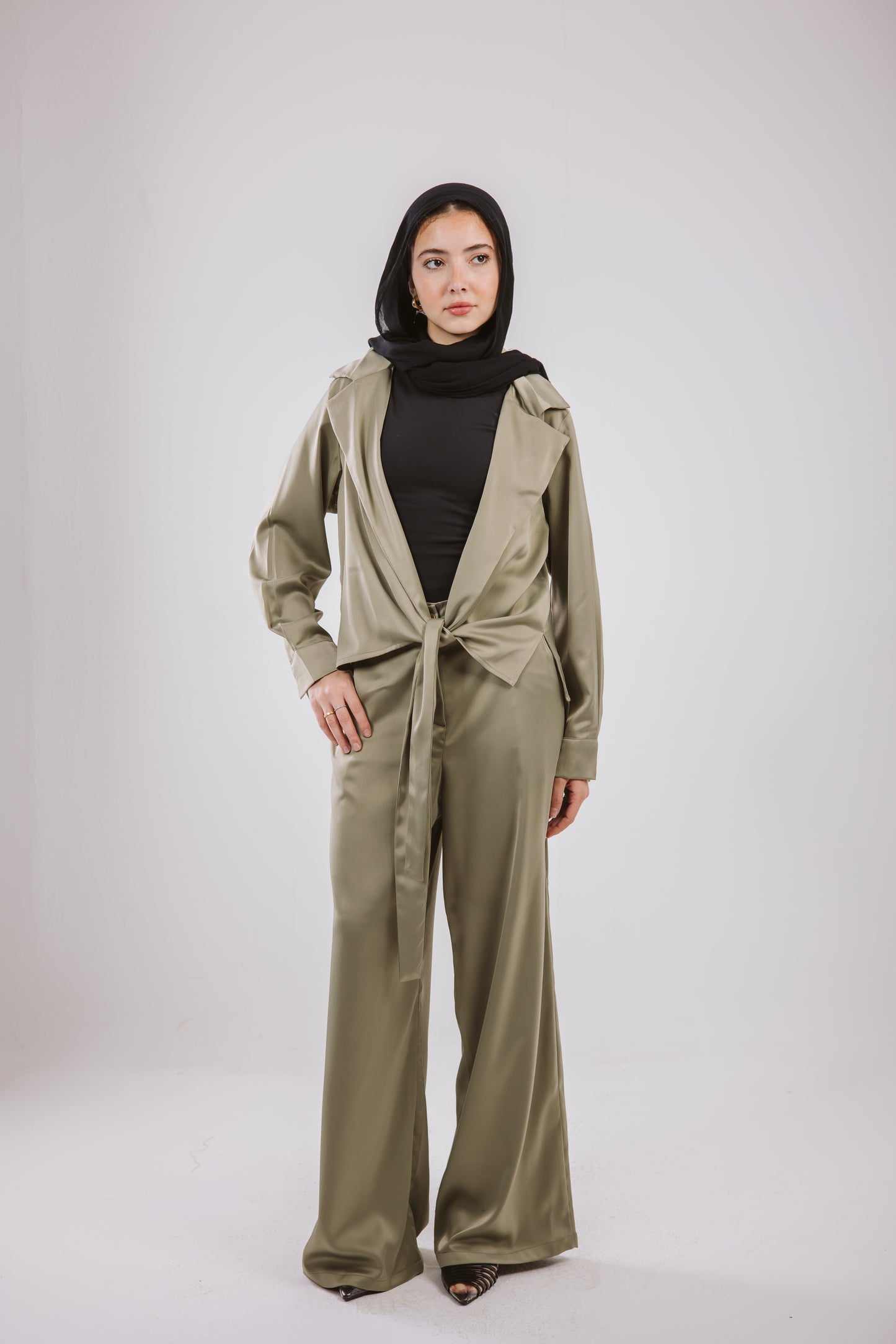 Wrap Satin Set in Olive