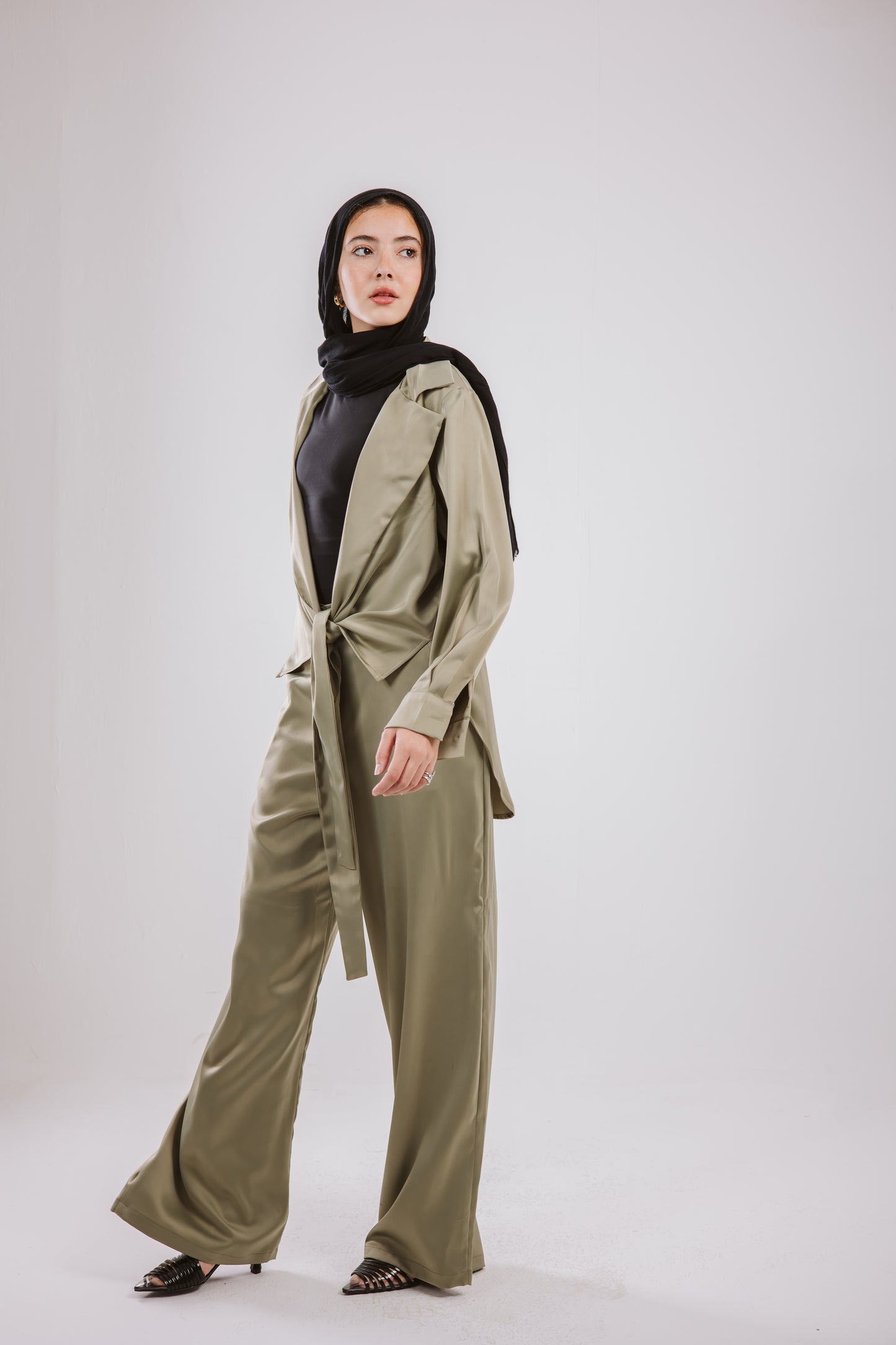Wrap Satin Set in Olive
