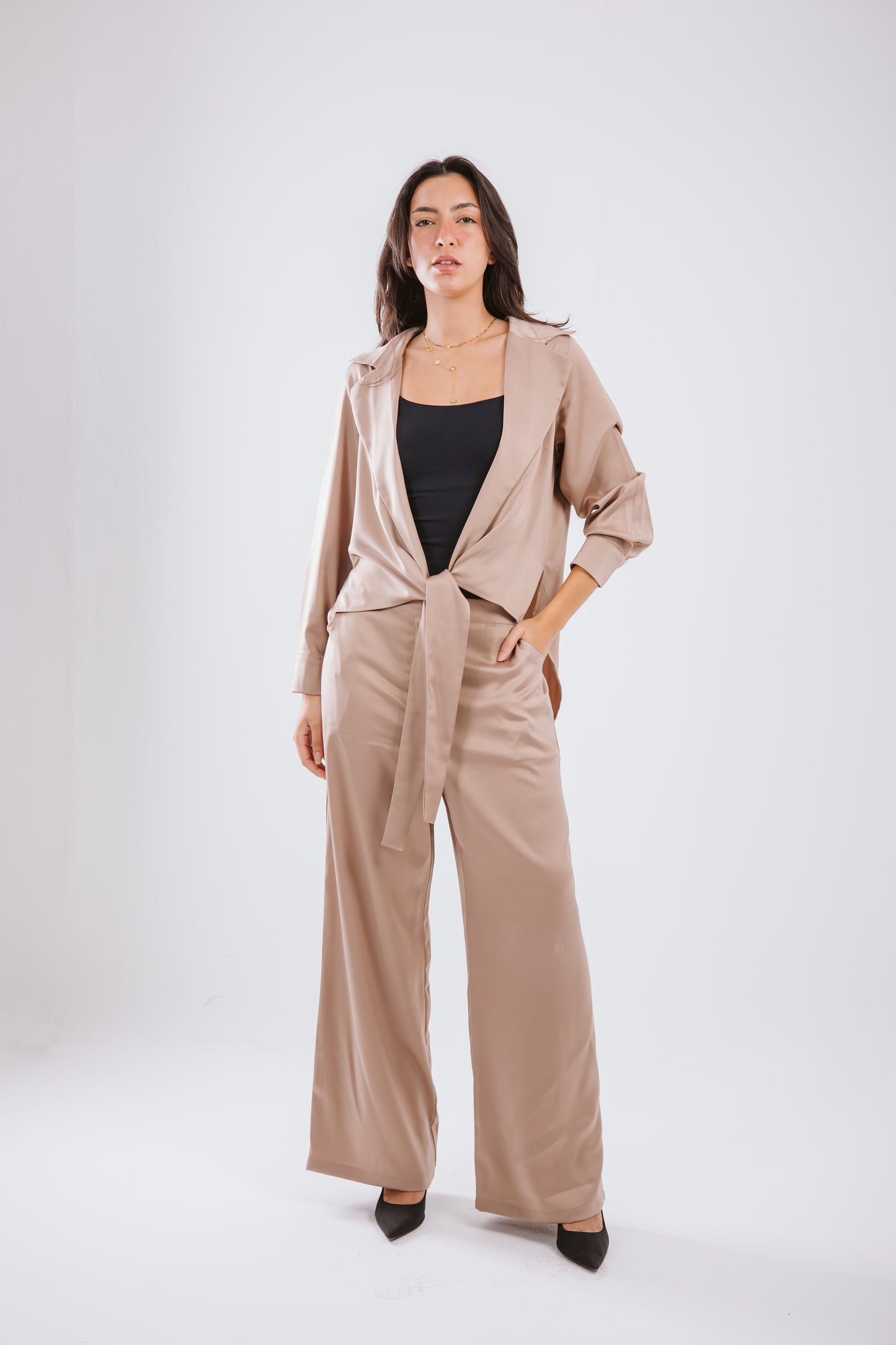 Wrap satin Set in Camel