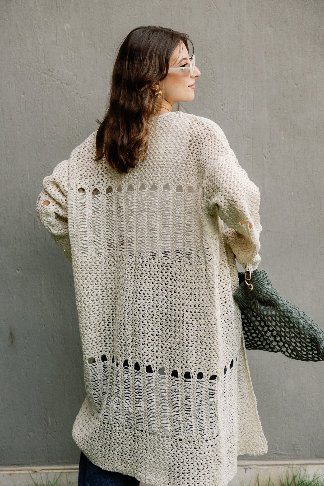 SeaSide Cardigan in Beige with Gold Strings