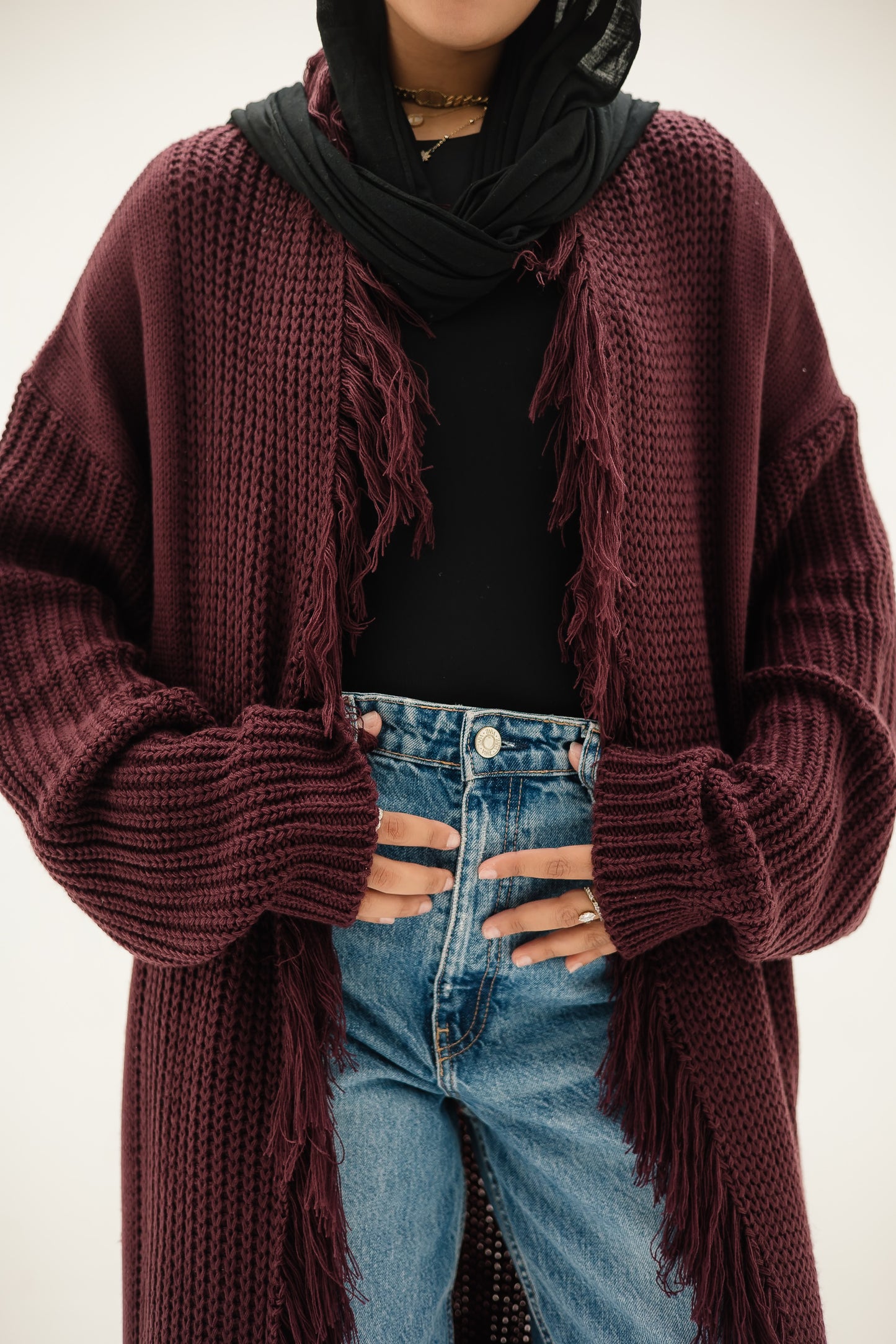 Free Spirit Fringe Cardigan in Burgundy