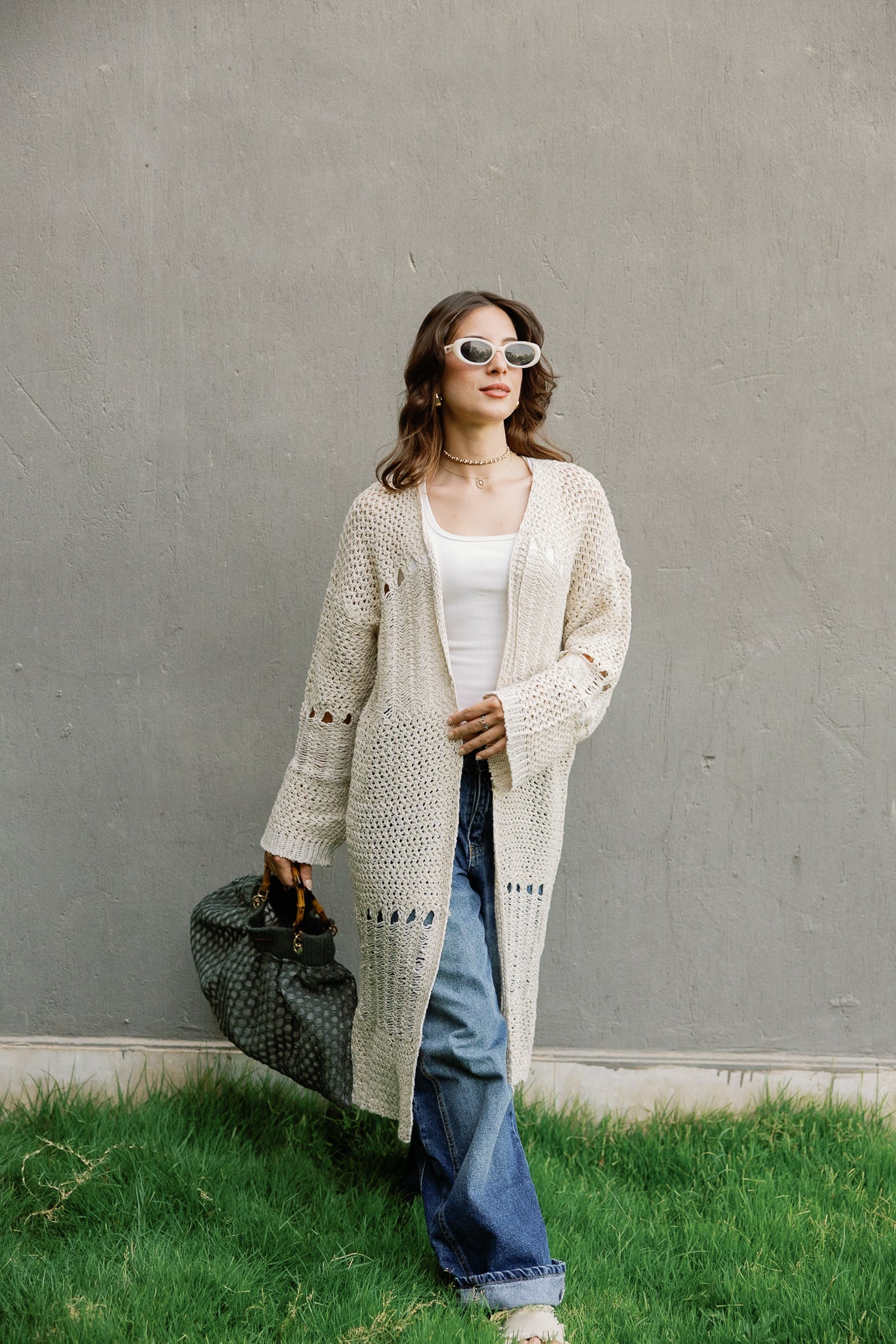 SeaSide Cardigan in Beige with Gold Strings
