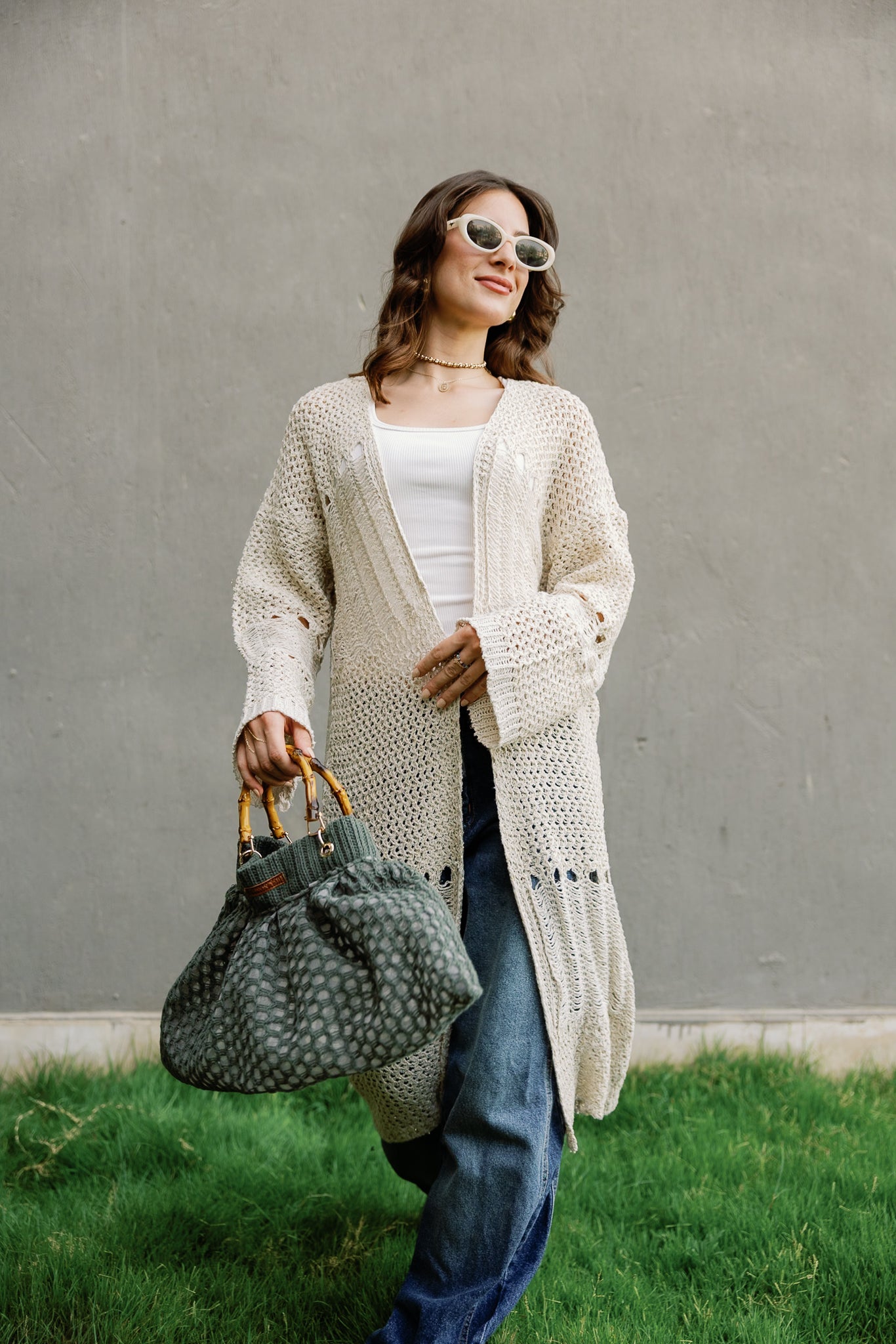 SeaSide Cardigan in Beige with Gold Strings