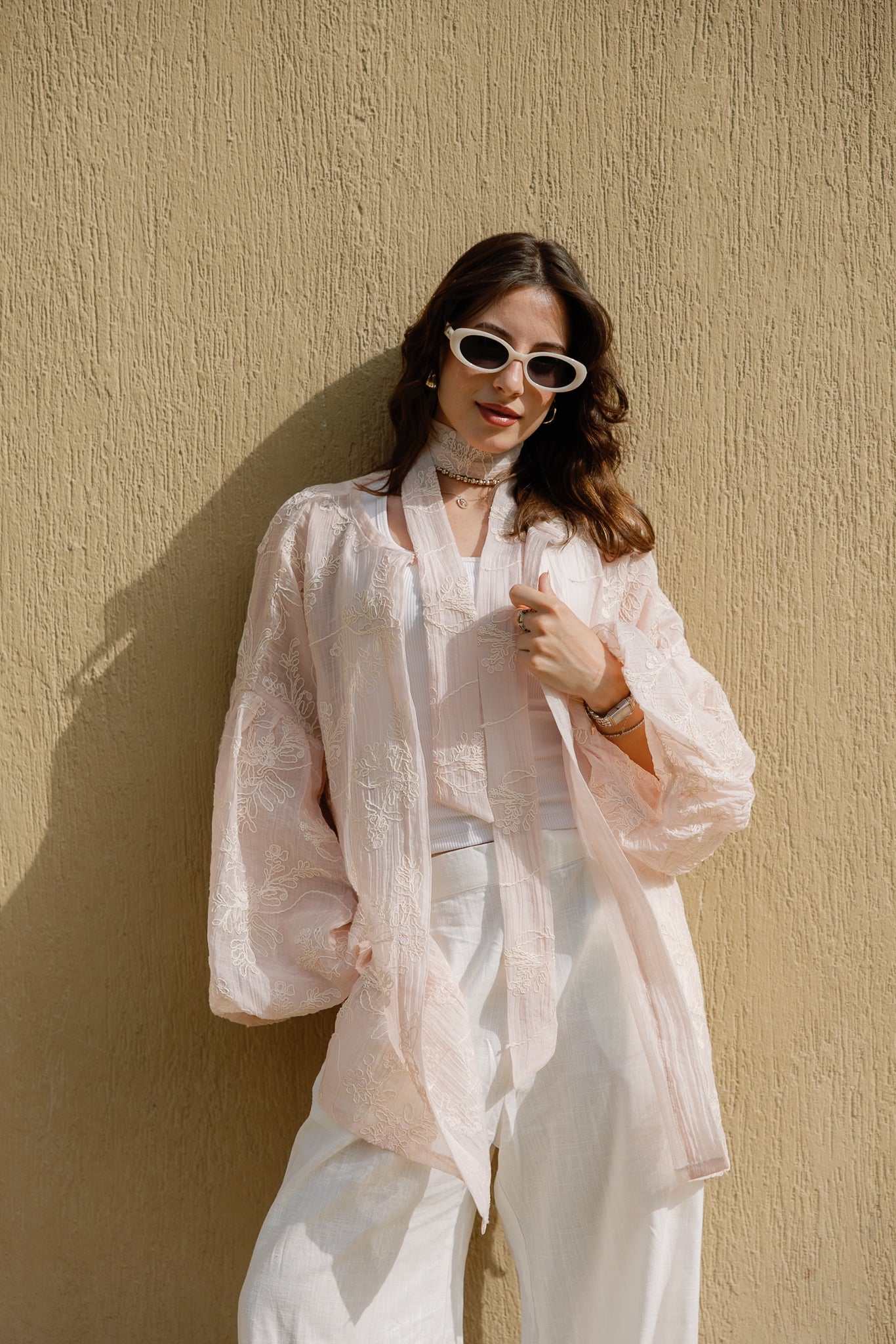 Puffy embroidered cardigan in Rose