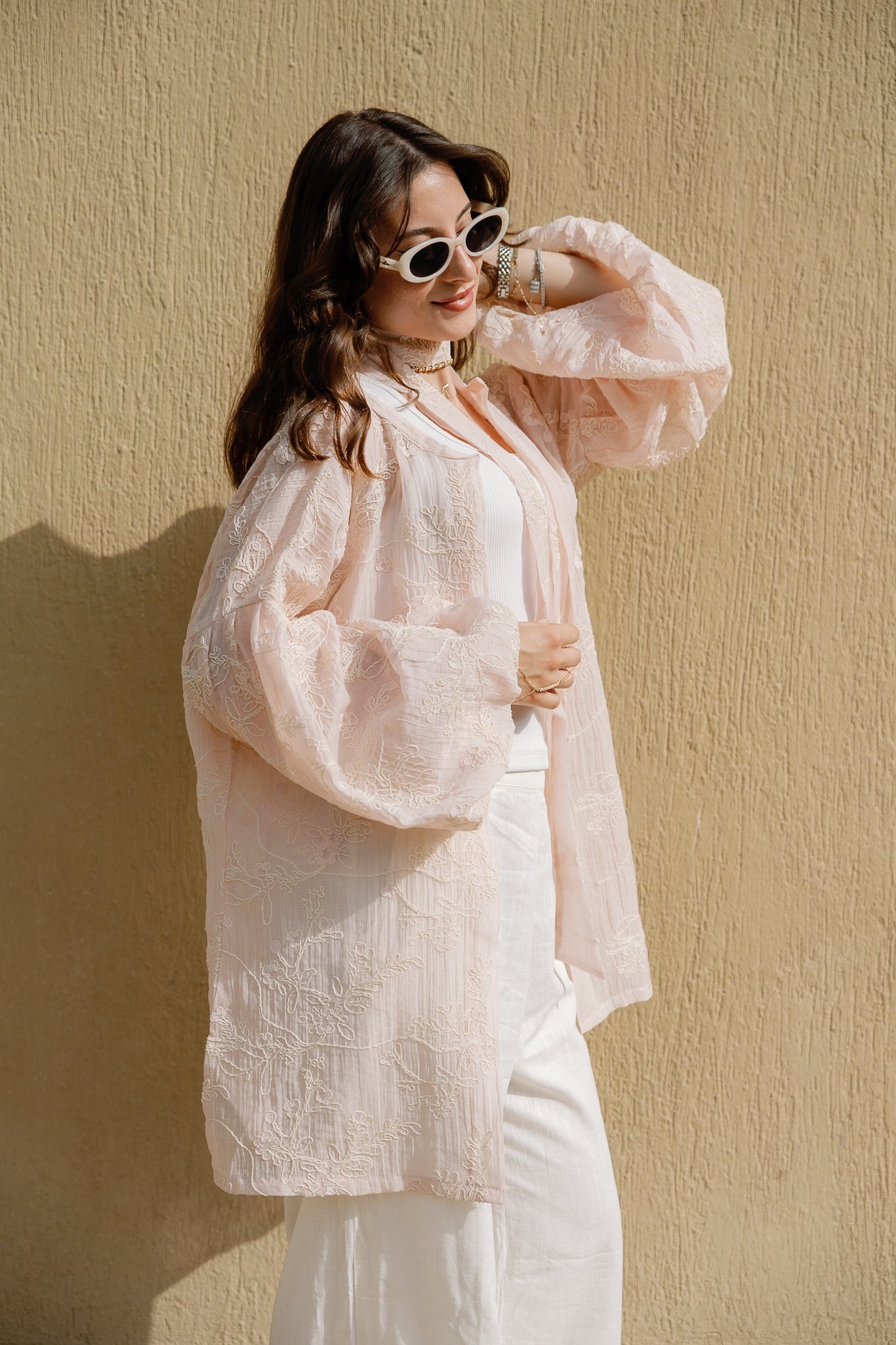 Puffy embroidered cardigan in Rose