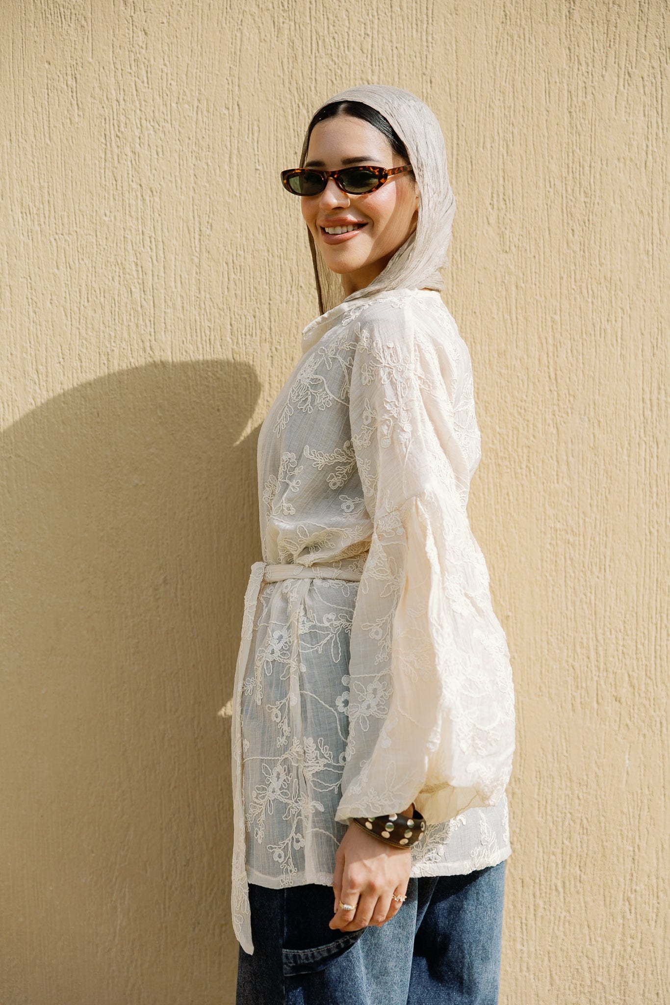 Puffy embroidered cardigan in Cream