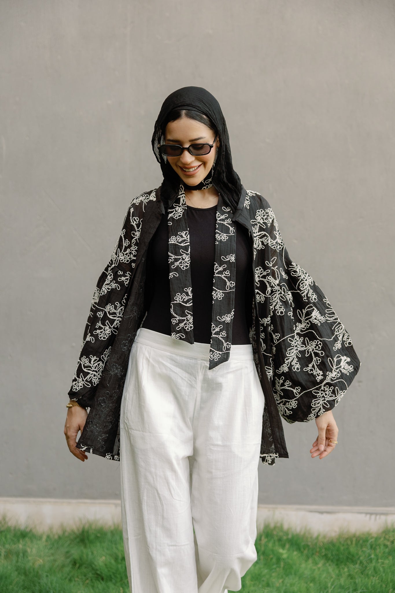 Puffy embroidered cardigan in Black