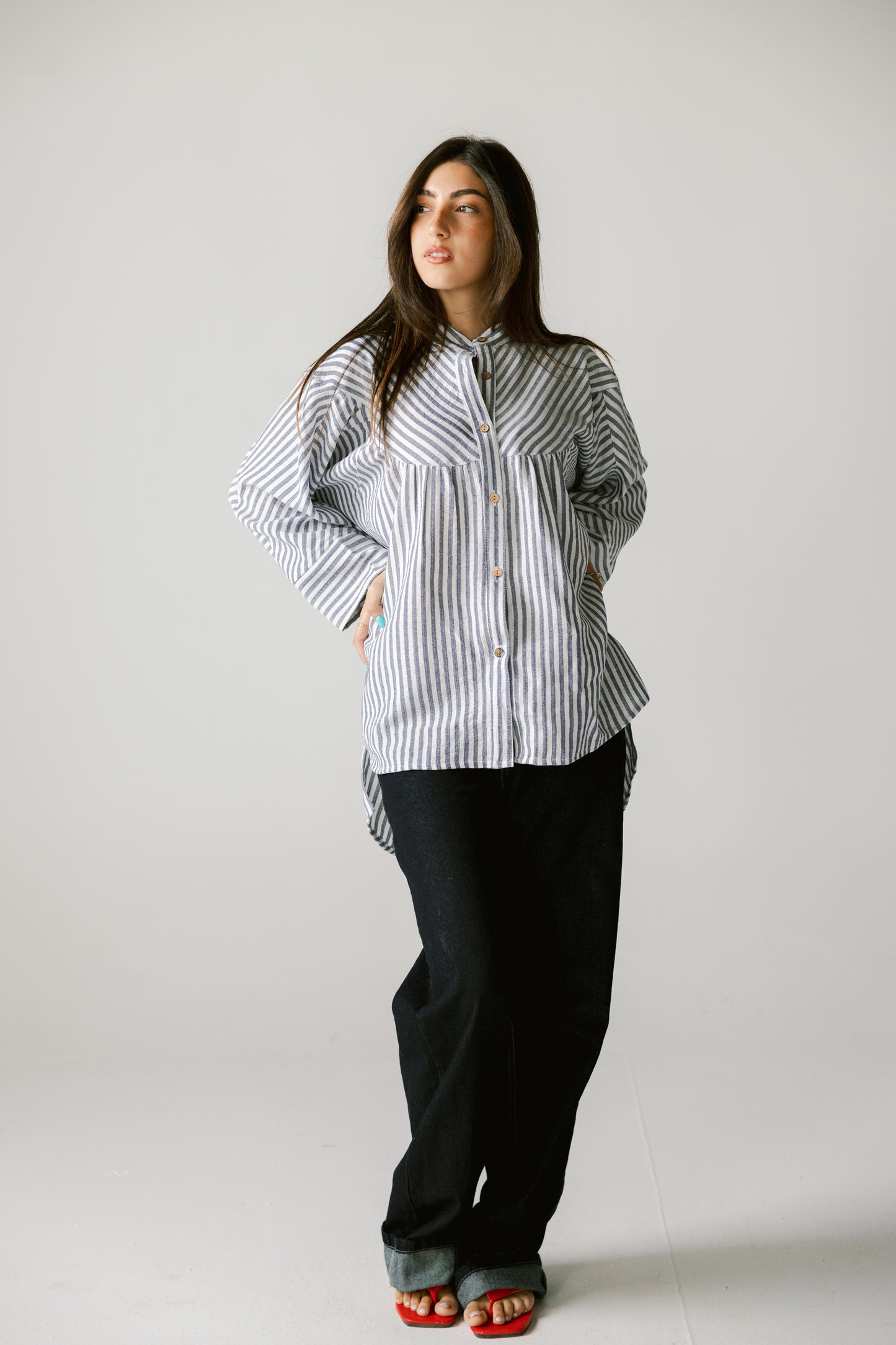 wooden button striped shirt