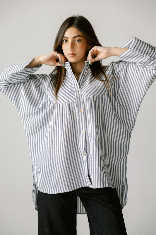 wooden button striped shirt