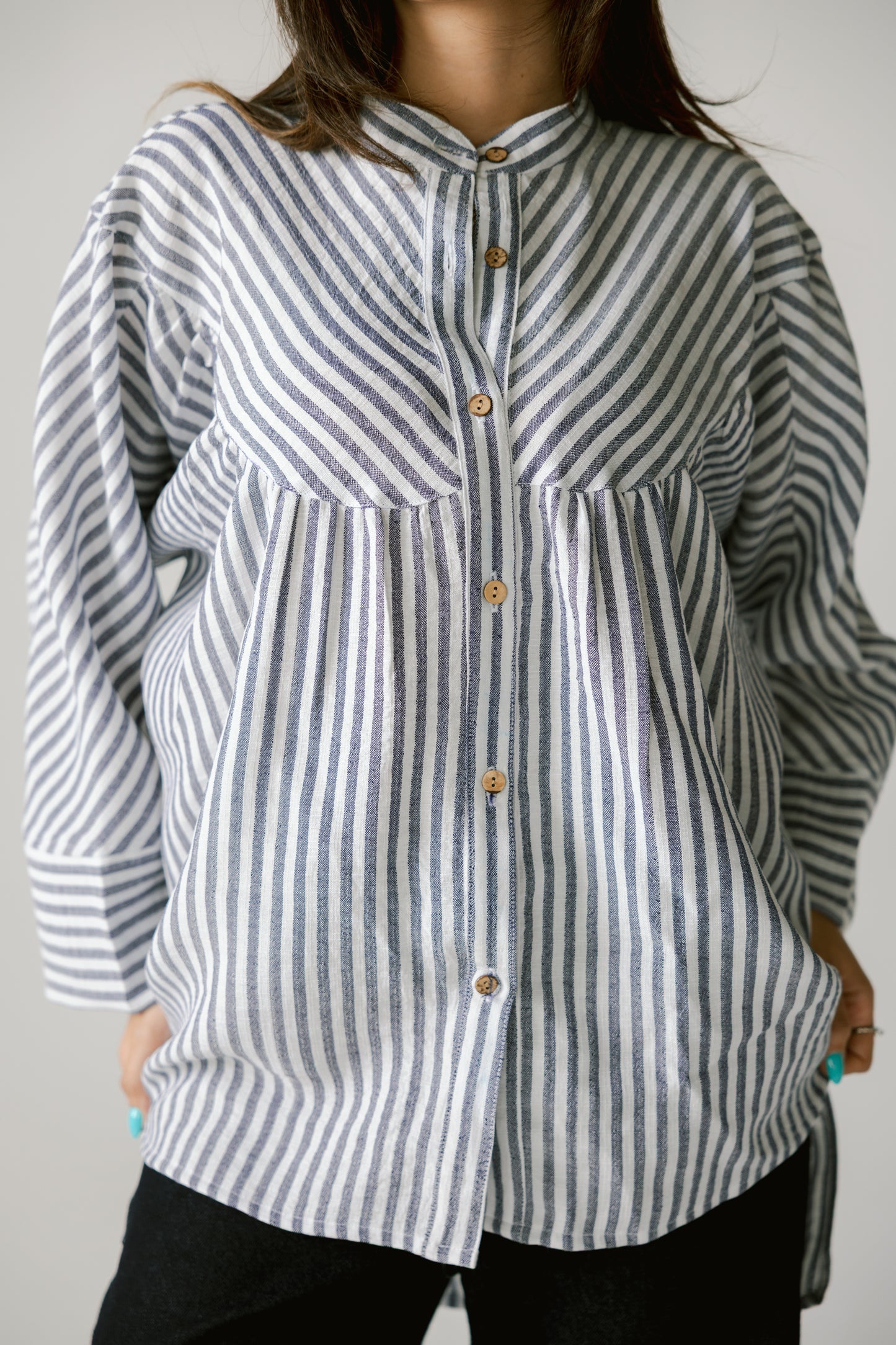 wooden button striped shirt