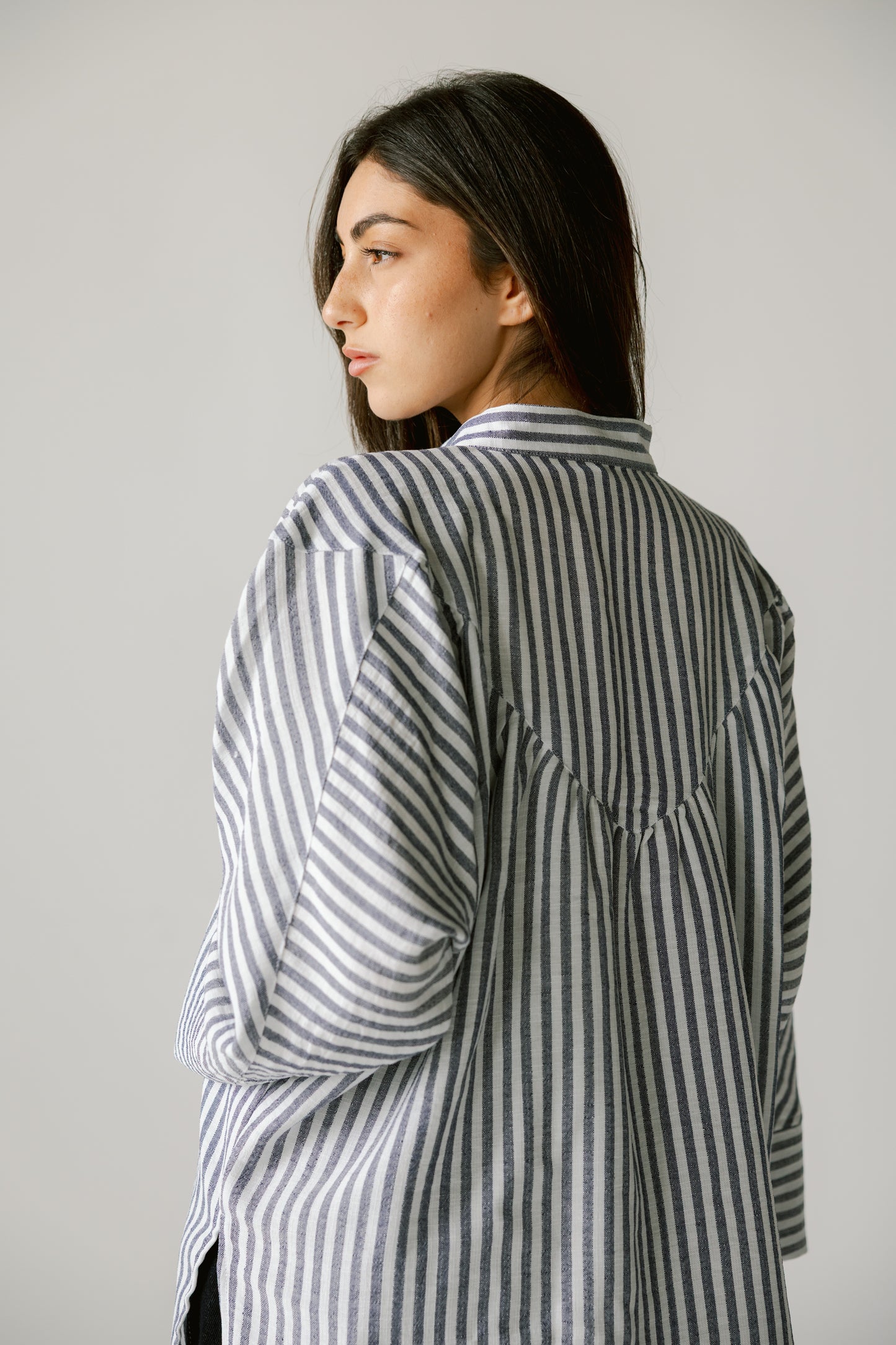 wooden button striped shirt